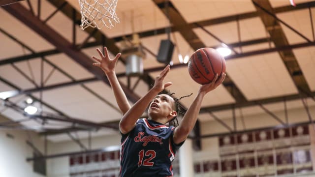 Veterans Memorial's Sean Mondragon attempts a basket during the game at Flour Bluff High School, Friday, Jan. 12, 2024, in Corpus Christi, Texas.